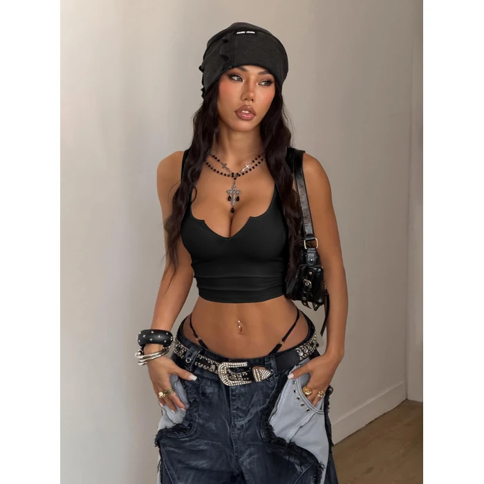 SOLY HUX Women's V Neck Crop Tops Basic Trendy Notched Sleeveless Slim Fit Summer Y2k Sexy Crop Tank Top Plain Black X-Small by SOLY HUX - Image 5