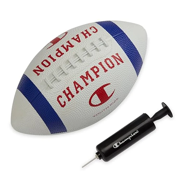 Champion Blitz Football (Youth, White/Surf The Web Tango/Red), All-Weather Football, Enhanced Grip, Durable Rubber Cover and Molded Laces, for Outdoor Sports & Training, Includes 6" Ball Pump by Champion - Used - Very Good condition - CA$16.39