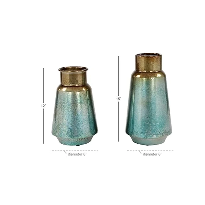 Deco 79 Metal Vase with Gold Top, Set of 2 15", 13" H, Teal by Deco 79 - Image 4