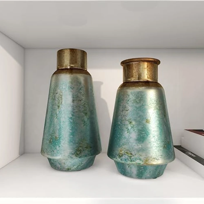 Deco 79 Metal Vase with Gold Top, Set of 2 15", 13" H, Teal by Deco 79 - Image 5