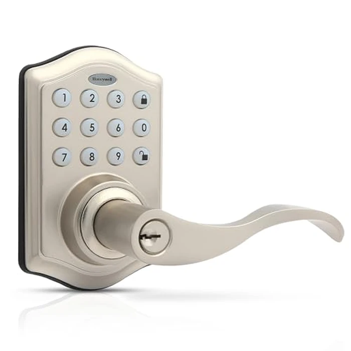 Honeywell Safes & Door Locks - Keyless Entry Lever Door Lock Handle with Electronic Keypad - Easy to Install for Front Door Lock with Code - 50 User Pin Codes - Satin Nickel, 6.5 x 8.8 x 9 in, 8734301 by Honeywell - Image 1