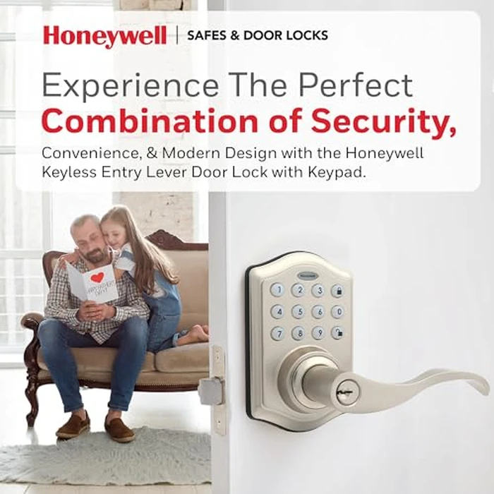Honeywell Safes & Door Locks - Keyless Entry Lever Door Lock Handle with Electronic Keypad - Easy to Install for Front Door Lock with Code - 50 User Pin Codes - Satin Nickel, 6.5 x 8.8 x 9 in, 8734301 by Honeywell - Image 3