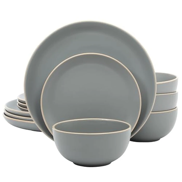 Gibson Home Rockaway 12-Piece Stoneware Dinnerware Set, Matte Finish, Service for 4, Modern Ceramic Plates and Bowls, Microwave & Dishwasher Safe - Soft Gray - Service for 4 by Gibson Home - Used - Very Good condition