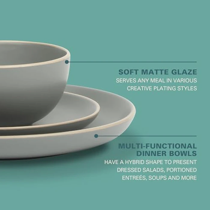 Gibson Home Rockaway 12-Piece Stoneware Dinnerware Set, Matte Finish, Service for 4, Modern Ceramic Plates and Bowls, Microwave & Dishwasher Safe - Soft Gray - Service for 4 by Gibson Home - Image 3