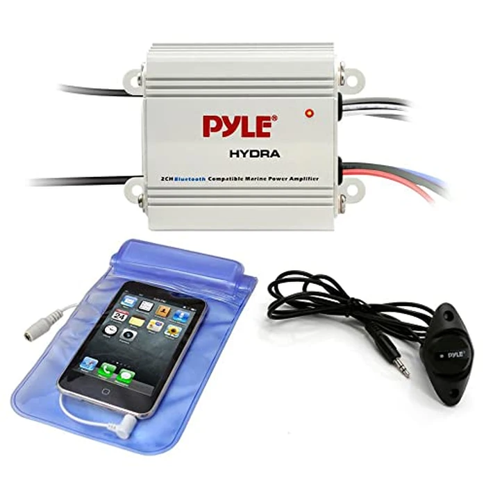 Auto 2-Channel Bridgeable Marine Amplifier - 200 Watt RMS 4 OHM Full Range Stereo w/Wireless Bluetooth & Powerful Prime Speaker - High Crossover HD Music Audio Multi-Channel System - Pyle PLMRMB2CW by Pyle - Image 1