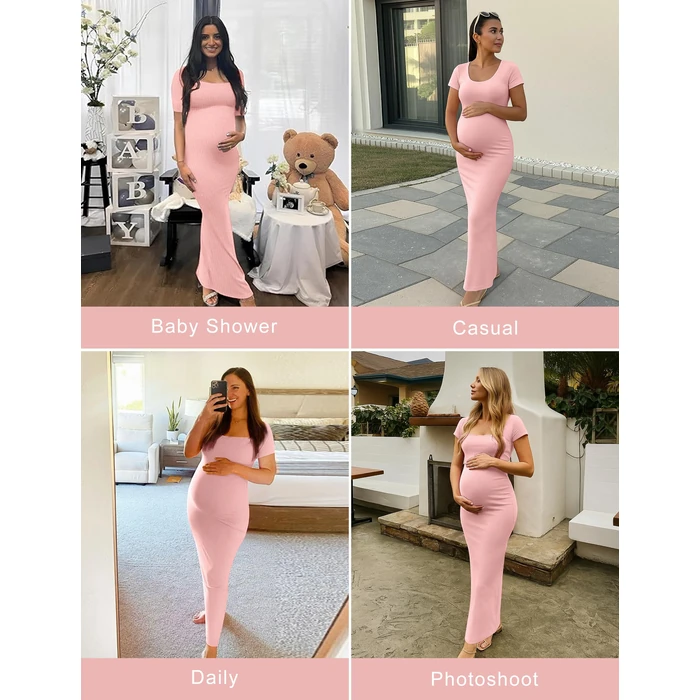 Peauty Maternity Dress Baby Shower Pink Maternity Dress Photoshoot Short Sleeve Pregnancy Maxi Bodycon Dresses Ribbed Wedding Guest Square Neck Casual Clothes Summer Pregnancy Clothes (Pink M) by Peauty - Image 2