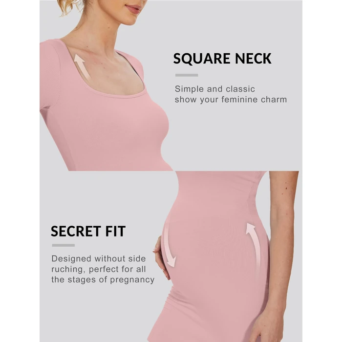 Peauty Maternity Dress Baby Shower Pink Maternity Dress Photoshoot Short Sleeve Pregnancy Maxi Bodycon Dresses Ribbed Wedding Guest Square Neck Casual Clothes Summer Pregnancy Clothes (Pink M) by Peauty - Image 4