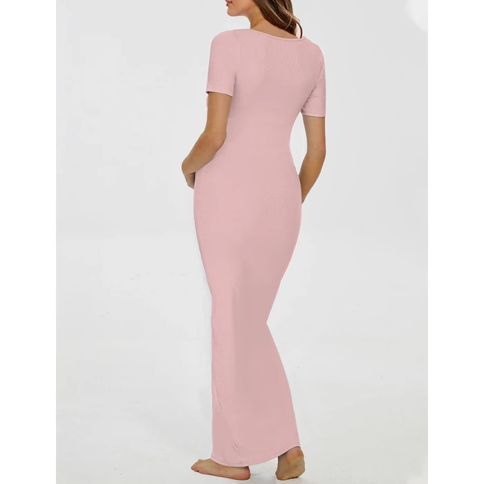 Peauty Maternity Dress Baby Shower Pink Maternity Dress Photoshoot Short Sleeve Pregnancy Maxi Bodycon Dresses Ribbed Wedding Guest Square Neck Casual Clothes Summer Pregnancy Clothes (Pink M) by Peauty - Image 5