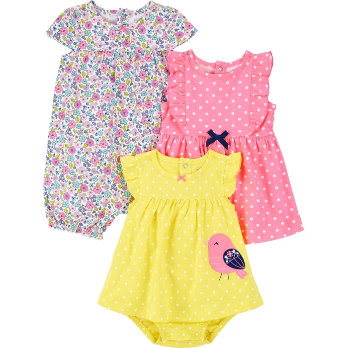 Simple Joys by Carter's Baby 3-pack Romper, Sunsuit and Dress, pink dot/floral/yellow bird, Newborn by Simple Joys by Carter's - Used - Like New condition
