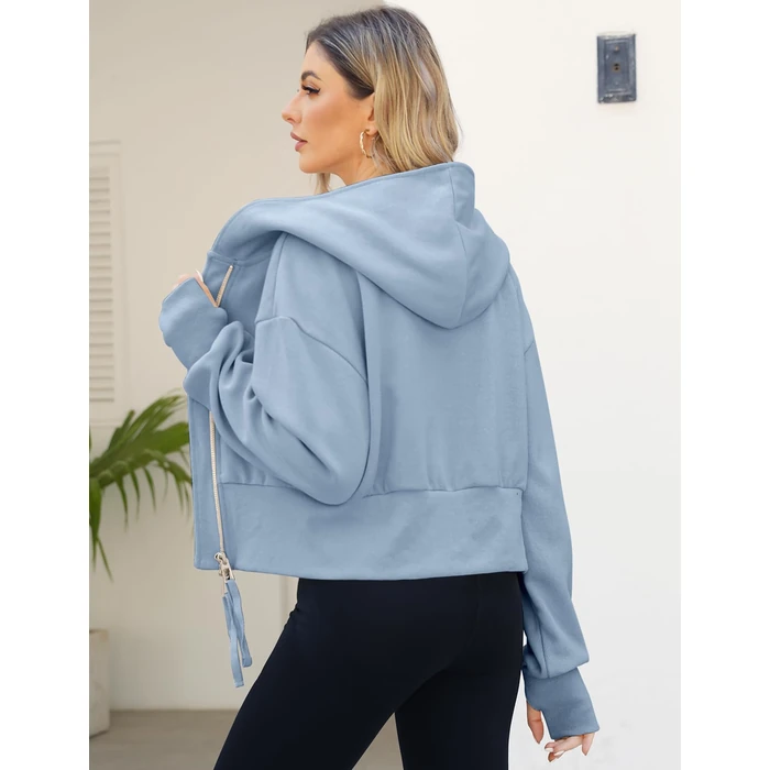 Arssm Cropped Hoodie Women Zip Up Long Sleeve Sweatshirts Casual Fashion Hooded Workout Jacket Crop Top(Blue-M) by Arssm - Image 2