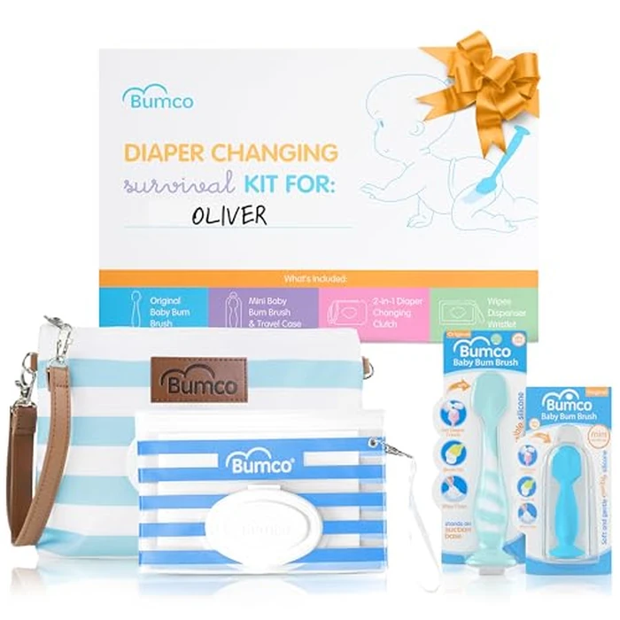 Bumco Baby Essentials Set - Personalized Diaper-Changing Baby Shower Gifts for Boys, Baby Gift Set with 2 Baby Bum Brushes (Original & Mini) + Diaper Clutch Bag + Wipes Wristlet, Newborn Gift Set by Bumco - Image 1