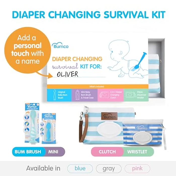 Bumco Baby Essentials Set - Personalized Diaper-Changing Baby Shower Gifts for Boys, Baby Gift Set with 2 Baby Bum Brushes (Original & Mini) + Diaper Clutch Bag + Wipes Wristlet, Newborn Gift Set by Bumco - Image 3