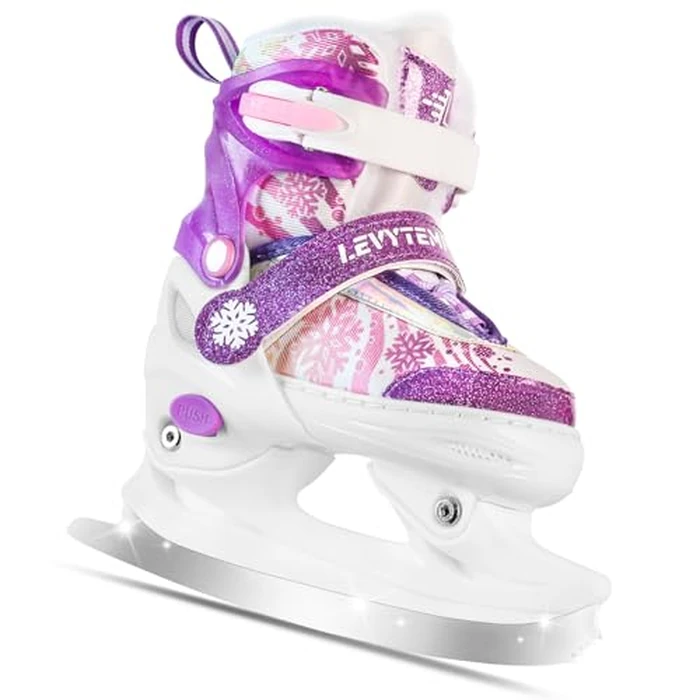 LEVYTEMP Adjustable Ice Skates for Kids Boys Girls - Warm Fleece Lined, 4 Size Adjustable Beginner Snowflake Blades Ankle Support Figure Skates for Outdoor and Rink,Purple by LEVYTEMP - Used - Acceptable condition - CA$36.98
