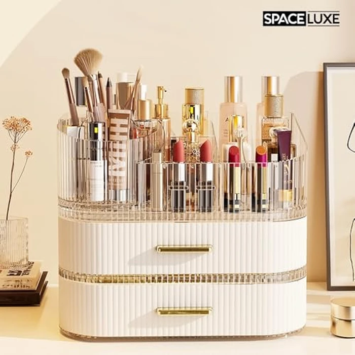 SpaceLuxe Makeup Organizer with Drawers and 360 degrees Rotating Brush Holder, Large Capacity Cosmetic Storage for Vanity, Skincare, Perfume, Hair Accessories, Lipstick & Jewelry (Cream White, 3-layer) by SpaceLuxe - Used - Very Good condition - CA$34.27