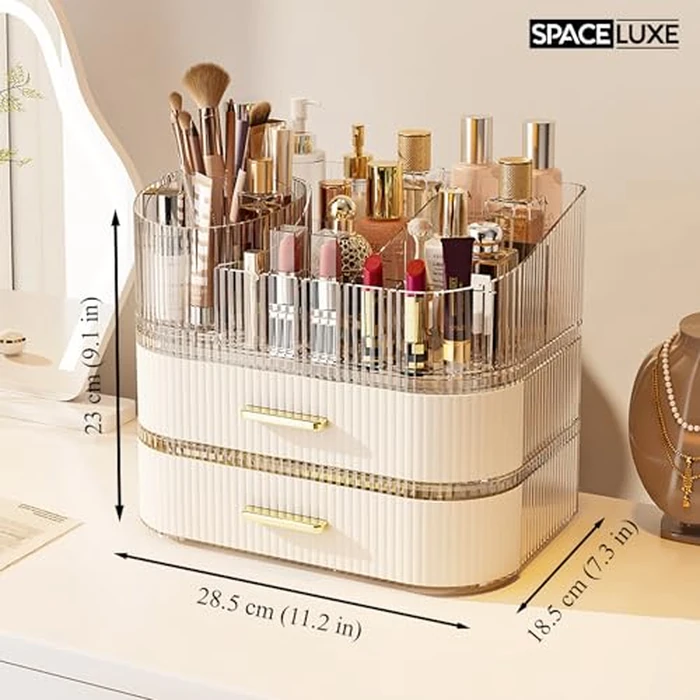 SpaceLuxe Makeup Organizer with Drawers and 360 degrees Rotating Brush Holder, Large Capacity Cosmetic Storage for Vanity, Skincare, Perfume, Hair Accessories, Lipstick & Jewelry (Cream White, 3-layer) by SpaceLuxe - Image 3