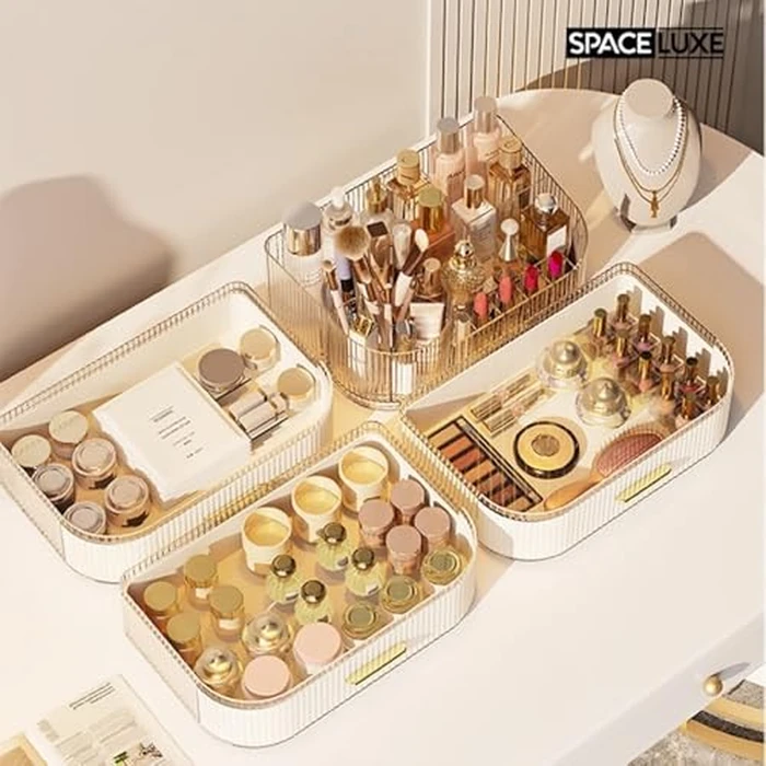 SpaceLuxe Makeup Organizer with Drawers and 360 degrees Rotating Brush Holder, Large Capacity Cosmetic Storage for Vanity, Skincare, Perfume, Hair Accessories, Lipstick & Jewelry (Cream White, 3-layer) by SpaceLuxe - Image 4