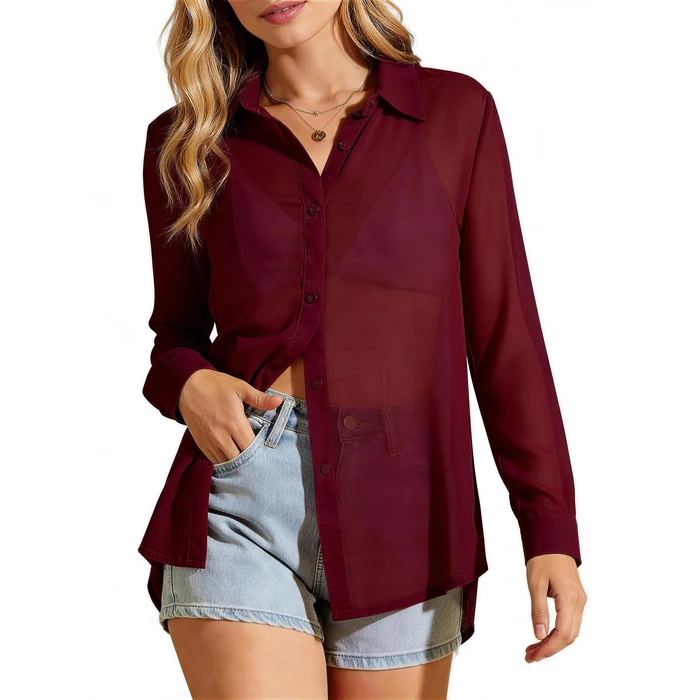 Flygo Sheer Tops for Women Sexy Long Sleeve Button up Shirts Loose Collared See Through Mesh Blouse Top(Burgundy-S) by Flygo - Used - Very Good condition - US$28.19