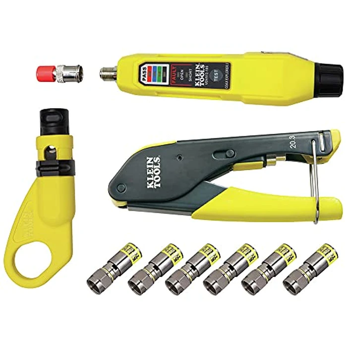 Klein Tools VDV002-818 Coax Install and Test Kit with Crimp Tool, Includes Tester, Stripper and Universal F Connectors by KLEIN TOOLS - Image 1