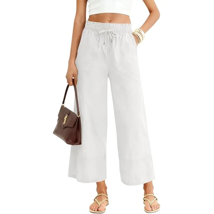 LOMON Summer Wide Leg Pants for Women High Waist Cropped Pants Work Casual Flowy Trousers with Pockets White S by LOMON - Image 2
