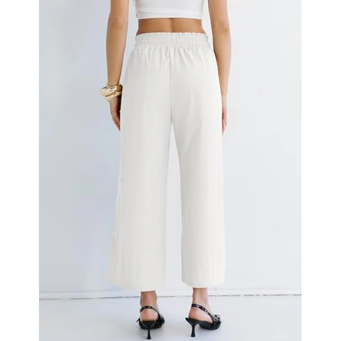 LOMON Summer Wide Leg Pants for Women High Waist Cropped Pants Work Casual Flowy Trousers with Pockets White S by LOMON - Image 5