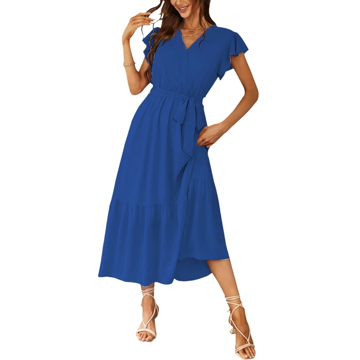 PRETTYGARDEN Women's Summer Floral Boho Dress Wrap V Neck Short Sleeve Ruffle A-Line Flowy Maxi Wedding Guest Dresses (Solid Dark Blue,Large) by PRETTYGARDEN - Used - Like New condition