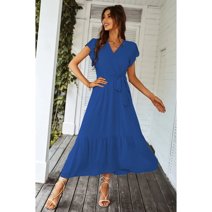 PRETTYGARDEN Women's Summer Floral Boho Dress Wrap V Neck Short Sleeve Ruffle A-Line Flowy Maxi Wedding Guest Dresses (Solid Dark Blue,Large) by PRETTYGARDEN - Image 2