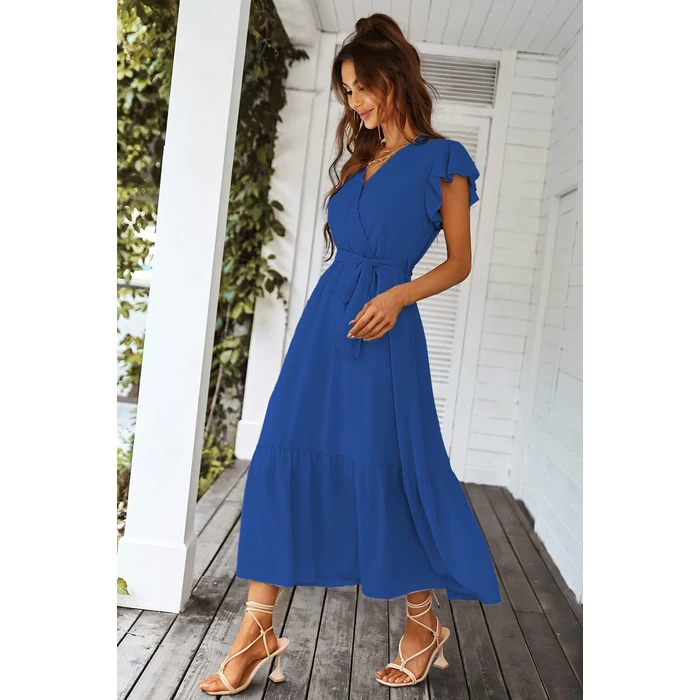 PRETTYGARDEN Women's Summer Floral Boho Dress Wrap V Neck Short Sleeve Ruffle A-Line Flowy Maxi Wedding Guest Dresses (Solid Dark Blue,Large) by PRETTYGARDEN - Image 7