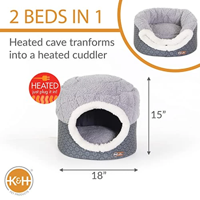 K&H Pet Products Heated Cat Bed, Indoor, Thermo-Pet Nest 2-in-1 Heated Cat Cave Tent & Cuddler Warming Bed, Waterproof Heater, Machine Washable, Safety Listed - Small 18 X 15in Gray by K&H - Image 2