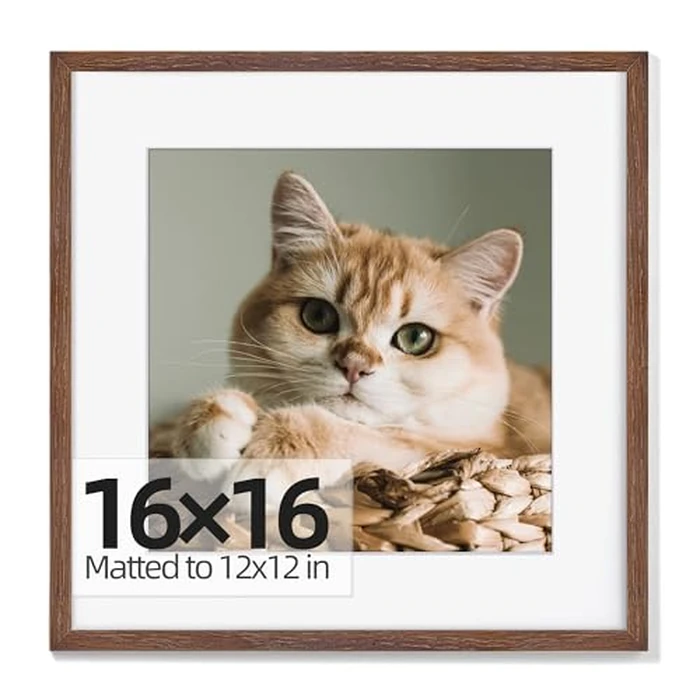 16x16 Oak Wood Picture Frame, 16"x16" Picture Frame Matted to 12"x12", Square Wood Frame 16 x 16 with Real Glass for Wall Home Office Poster Gallery Decor- Walnut, 1 PC by Heimlove - Used - Acceptable condition