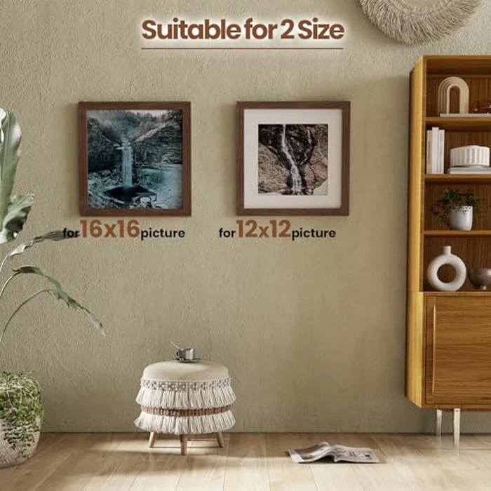 16x16 Oak Wood Picture Frame, 16"x16" Picture Frame Matted to 12"x12", Square Wood Frame 16 x 16 with Real Glass for Wall Home Office Poster Gallery Decor- Walnut, 1 PC by Heimlove - Image 5