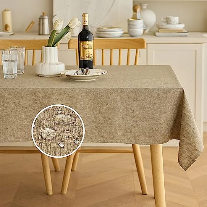 Decorelia Wrinkle-Free Rectangle Outdoor Burlap Tablecloth for Picnic, Party, Wedding and Camping, Waterproof Easy Wipe Clean Table Cloth for Home Decor (Oblong, 60 x 120 Inch (10-12 Seats), Natural) by Decorelia - Used - Good condition - CA$23.46