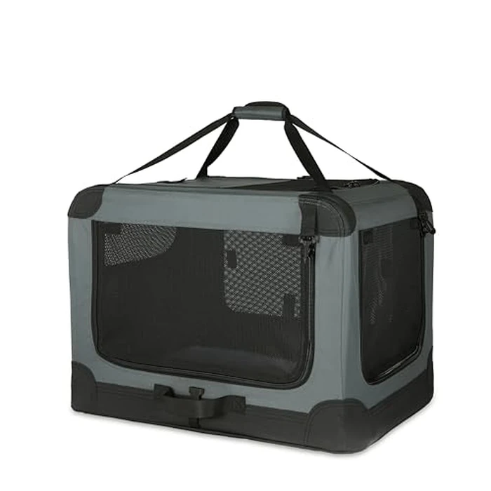Amazon Basics 4-Doors Portable Soft-Sided Folding Travel Crate Kennel for cat, Dog, and Other Small Animals, Grey, S 66.04 cm x 45.72 cm x 45.72 cm by Amazon Basics - Image 1
