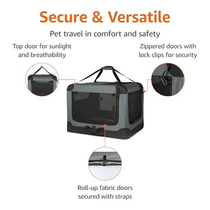 Amazon Basics 4-Doors Portable Soft-Sided Folding Travel Crate Kennel for cat, Dog, and Other Small Animals, Grey, S 66.04 cm x 45.72 cm x 45.72 cm by Amazon Basics - Image 2