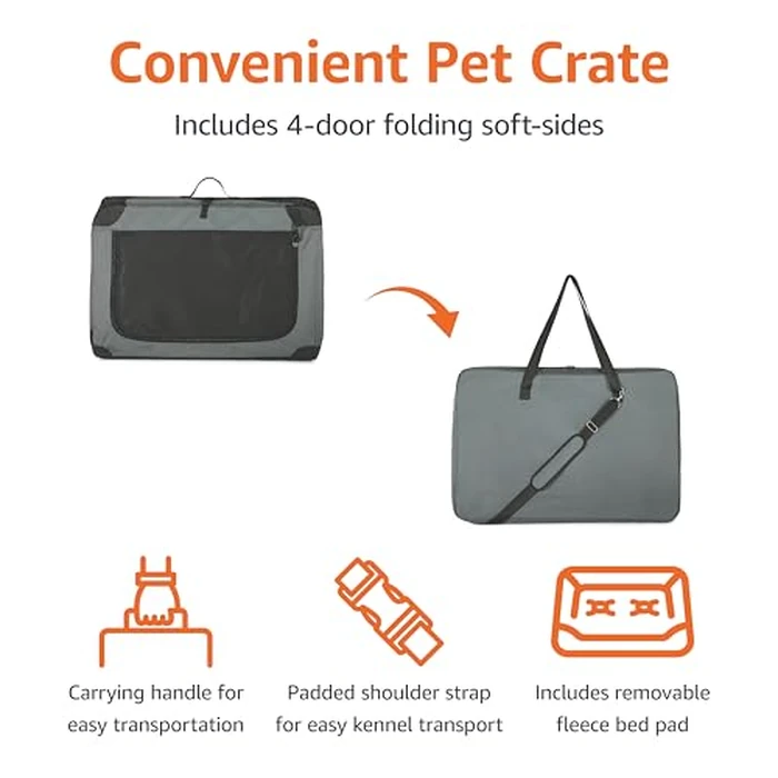 Amazon Basics 4-Doors Portable Soft-Sided Folding Travel Crate Kennel for cat, Dog, and Other Small Animals, Grey, S 66.04 cm x 45.72 cm x 45.72 cm by Amazon Basics - Image 3