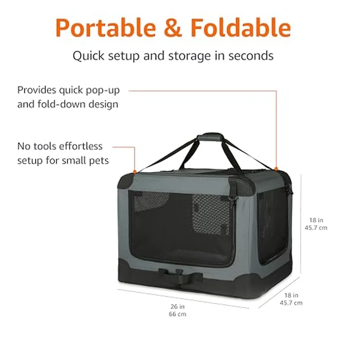 Amazon Basics 4-Doors Portable Soft-Sided Folding Travel Crate Kennel for cat, Dog, and Other Small Animals, Grey, S 66.04 cm x 45.72 cm x 45.72 cm by Amazon Basics - Image 4