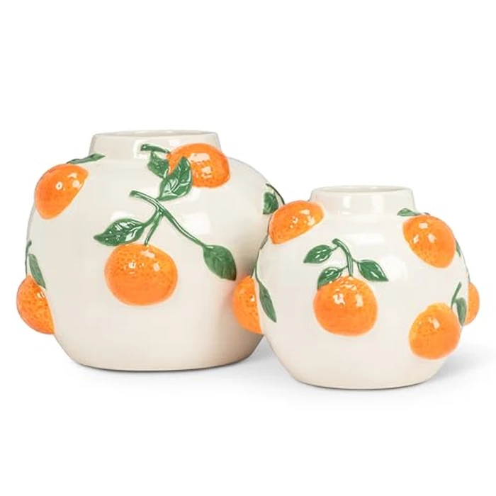 Abbott Collection Small Round Vase with Handpainted Oranges - Porcelain, Ivory/Orange (5" H) by Abbott Collection - Image 2