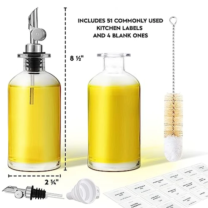 Spaceneat Olive Oil Dispenser Bottle - Includes 55 Kitchen Essential Labels - Cooking Oil Bottles for Kitchen, Coffee Syrup Dispenser - Pourer Spout with 11.8 fl oz Glass Container Cruet - 2pcs Silver by Spaceneat - Image 2