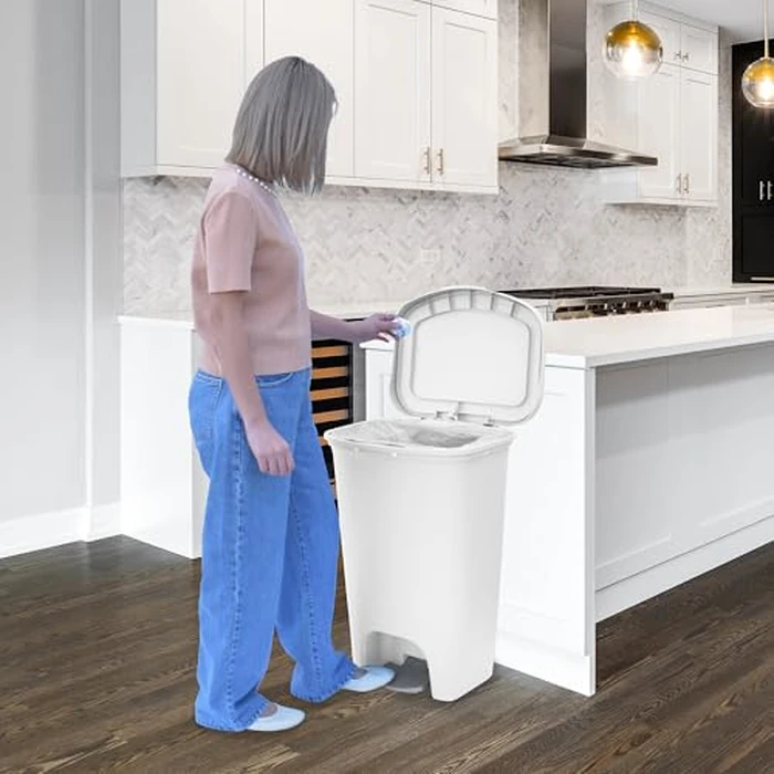 Glad 13 Gallon Trash Can | Plastic Kitchen Waste Bin with Odor Protection of Lid | Hands Free with Step On Foot Pedal and Garbage Bag Rings, 13 Gallon, White by Glad - Image 8