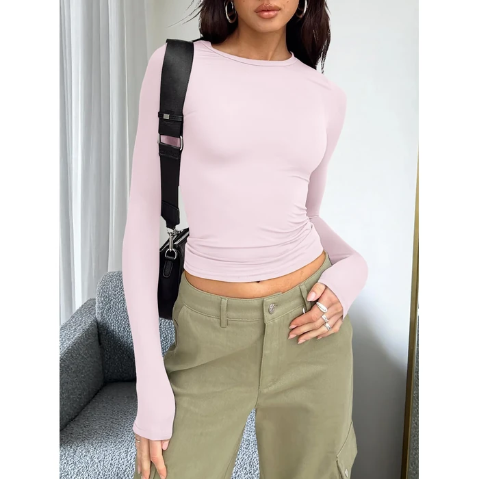 Trendy Queen Womens Long Sleeve T Shirts Fall Fashion 2026 Basic Crop Tops Going Out Workout Outfits Y2k Clothes Light Pink L by Trendy Queen - Image 2
