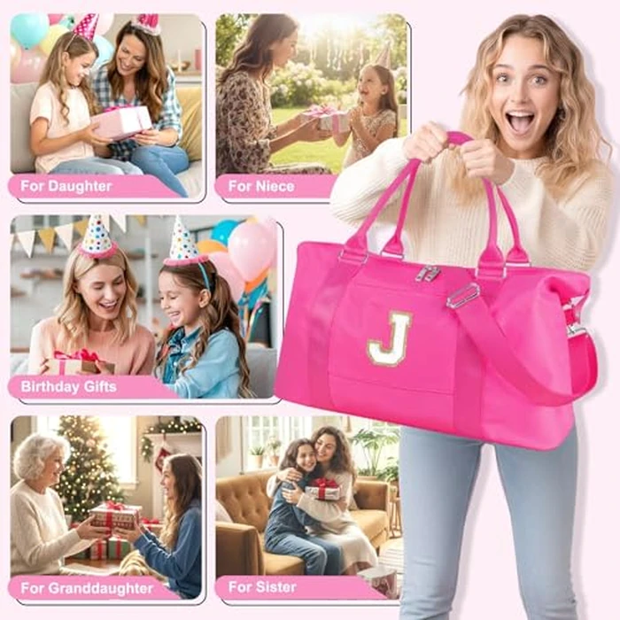Dance Gym Duffel Bag for Teen Girls, Personalized Initial Travel Weekender Bag,Cute Overnight Carry On Duffle for Women,Sports Travel Cheer Bag,Monogram Christmas Gifts for Tween Preppy(rosered-J) by XSUIOY - Image 3