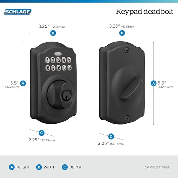 Schlage Camelot Electronic Keypad Deadbolt Lock, Keyless Front Door Entry, Mechanical Key Backup Included, Matte Black, BE365 CAM 622 by SCHLAGE - Image 3