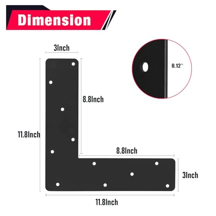 2 Pcs L Shape Flat Bracket. 12"x12" Mending Plate with Black Powder-Coated Right Angle Brackets, Corner Bracket, L Shape Plate Fit 4x4,6x6 for Repair House,Furniture,Pavilion,Truss framing by ICokin - Image 2