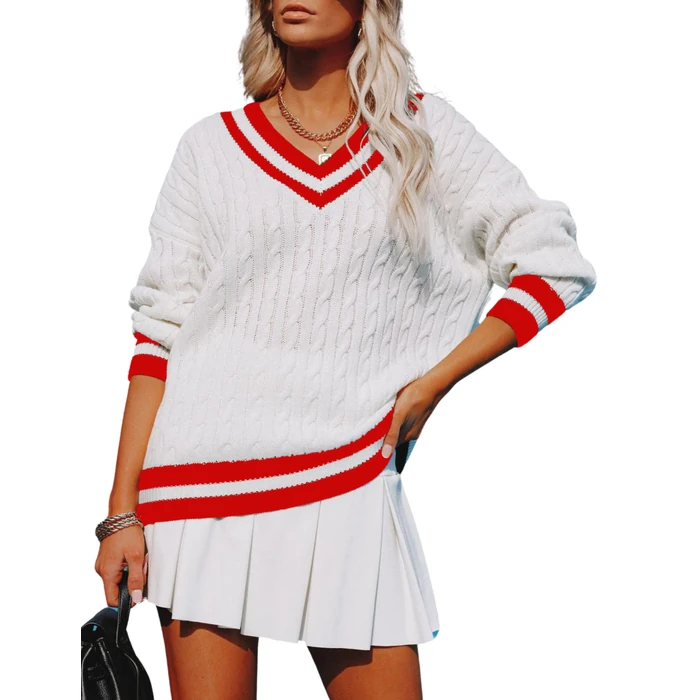 InterNos Women's Casual V Neck Long Sleeve Sweater Trendy Striped Pullover Cable Knit Preppy Sweaters(0132-Red01-XL) by InterNos - Used - Acceptable condition - US$22.67