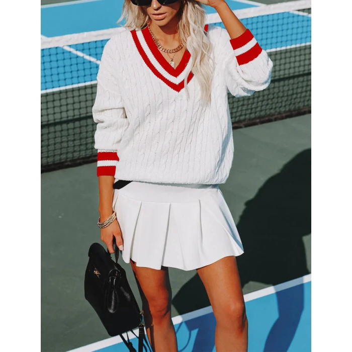 InterNos Women's Casual V Neck Long Sleeve Sweater Trendy Striped Pullover Cable Knit Preppy Sweaters(0132-Red01-XL) by InterNos - Image 3