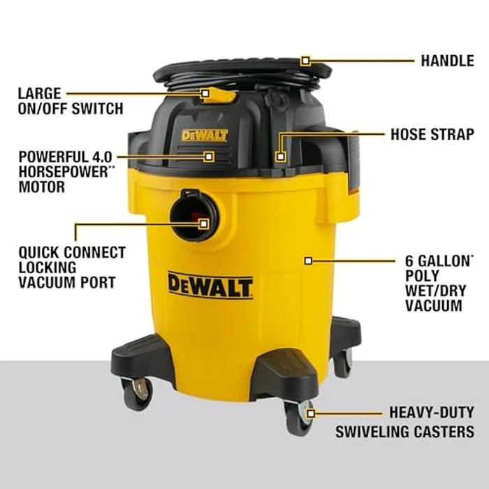 DEWALT Shop Vacuum 6 Gallon 4HP Poly Wet Dry Vacuum Ultimate Cleaning Solution for Construction Workshop Environments for Jobsite Garage Home W/Inflation Ket, Yellow, DXV06PL by DEWALT - Image 5