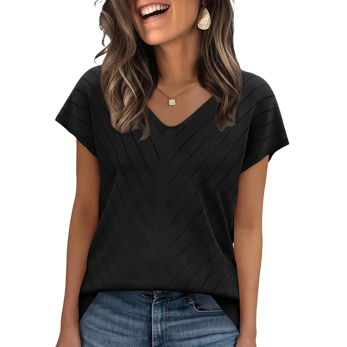 WIHOLL Summer Tops for Women 2026 Trendy Casual V Neck T Shirts Short Sleeve Sweater Lightweight Spring Fashion Business Work Teacher Travel Outfits Beach Fashion Vacation Clothes Black XL by WIHOLL - Image 1