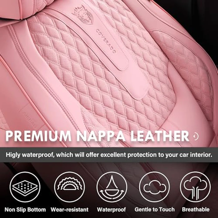 Coverado Seat Covers Front Seats, Pink Car Seat Cover with Lumbar Support, Waterproof Car Seat Cushion, Front Car Seat Covers Leatherette Car Seat Protector Universal Fit Most Cars by Coverado - Image 4
