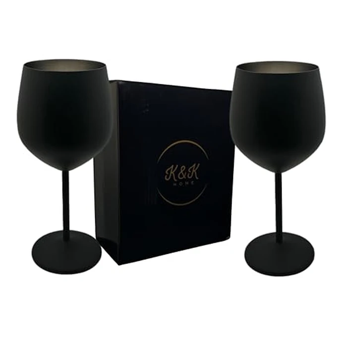K&K Home Black Matte Stainless Steel Unbreakable Wine Glasses - 18 oz - Set of 2 Colored, Stemmed Metal Wine Glasses Perfect for Outdoors, Weddings, and Parties (Matte Black, Set of 2) by K&K Home - Image 1