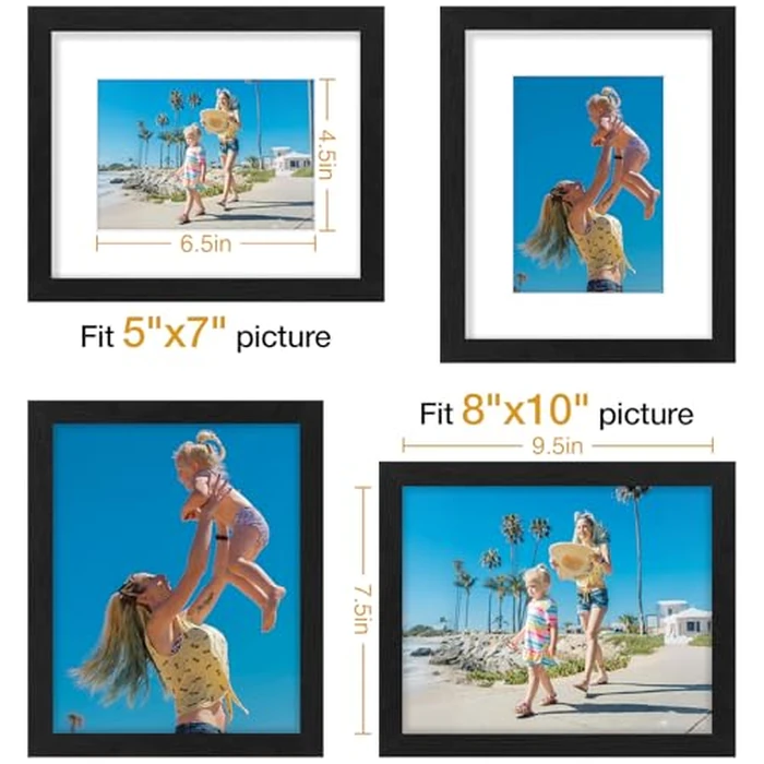 Vittanly 8x10 Picture Frames Set of 9, Shatter Resistant Plexiglass, Display 5x7 Pictures with Mat or 8x10 without Mat, Photo Frames for Wall or Tabletop, Engineered Wood, Black by Vittanly - Image 5