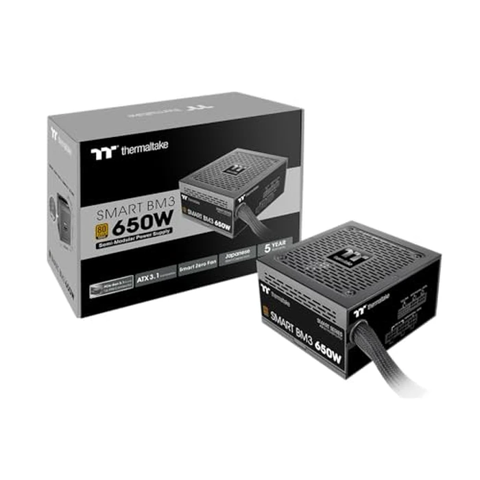 Thermaltake Smart BM3 650W 80Plus Bronze ATX 3.1 & PCIE 5 Ready Semi-Modular Power Supply; 105 degreesC/221 degreesF Japanese Capacitor; 5 Year Warranty; PS-SPD-0650MNFABU-3 by Thermaltake - Used - Acceptable condition